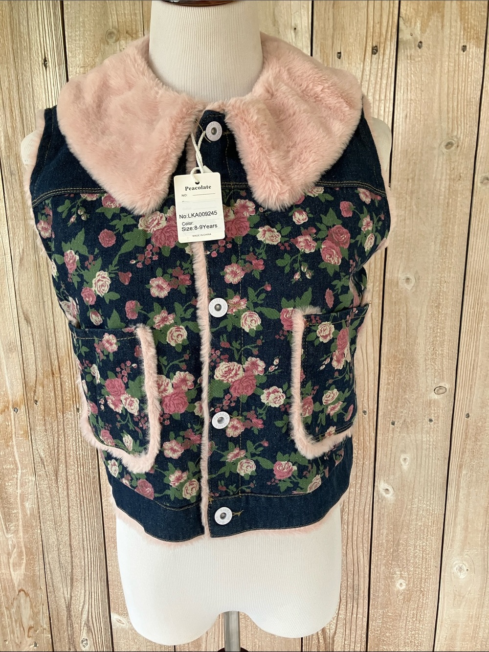 Girls Floral Denim Vest with Pink Faux-Fur Trim